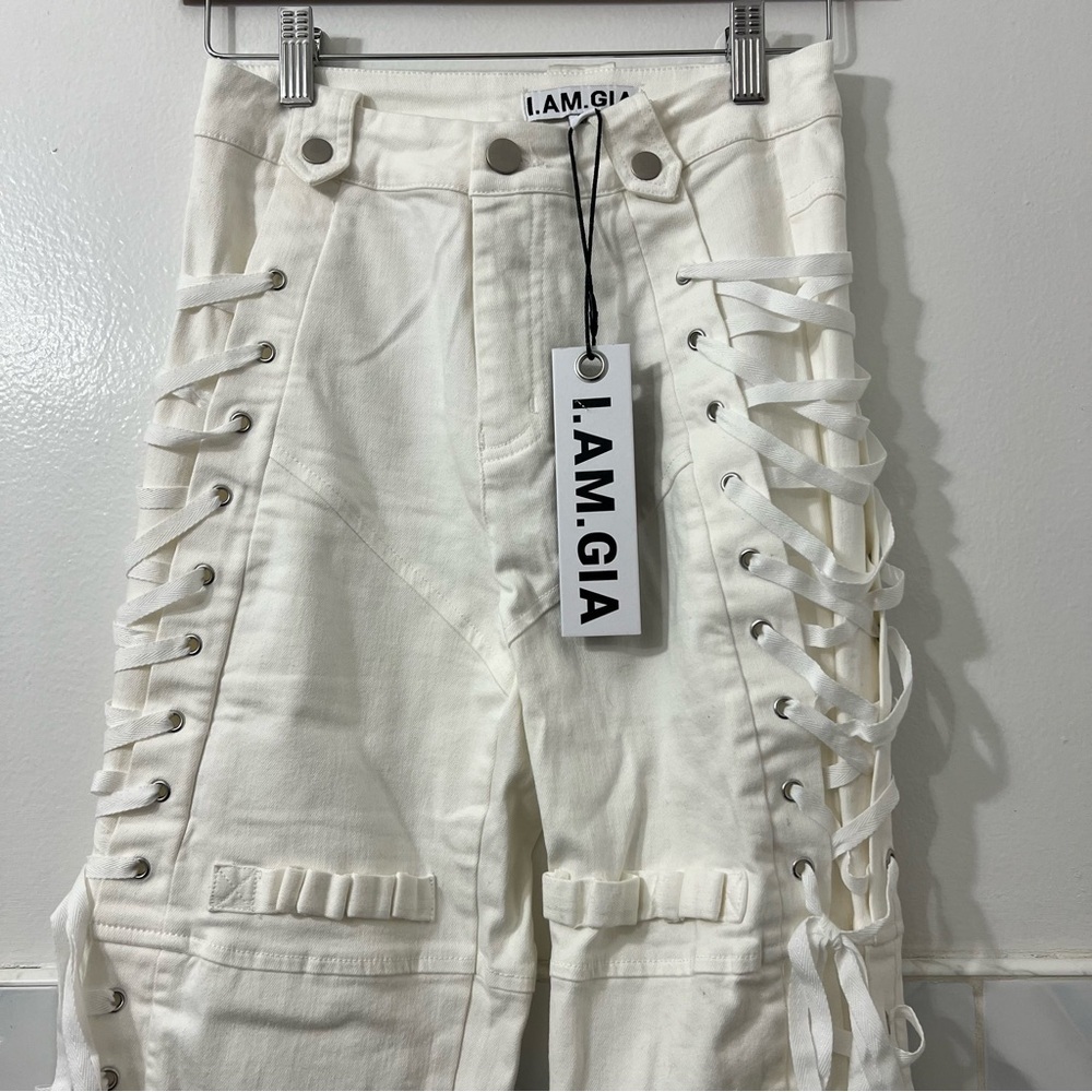 I AM GIA Small White Holly Grunge Edgy Casual Lace Up Pants - Picture 4 of 12